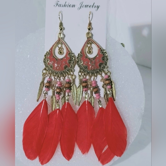 Feather earrings for women, vintage bohemian style with dreamcatcher .5 Inches - Picture 2 of 6